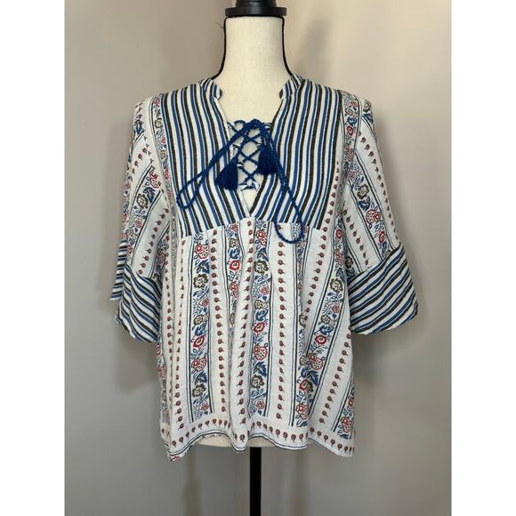 Addie Women's Tops Small Boho Flare Sleeve Loose Fit Floral V-Neck Cotton - Picture 5 of 6